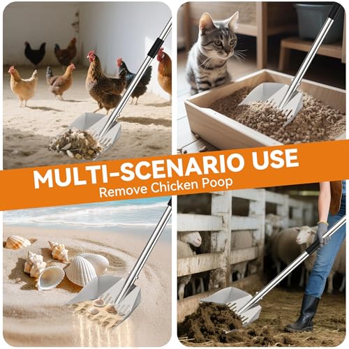 Chicken Poop Scooper: 2-in-1 Rake & Sifter - Silver Chicken Poop Shovel for Sand with Adjustable Stainless Steel Handle (35-59") for Small Spaces