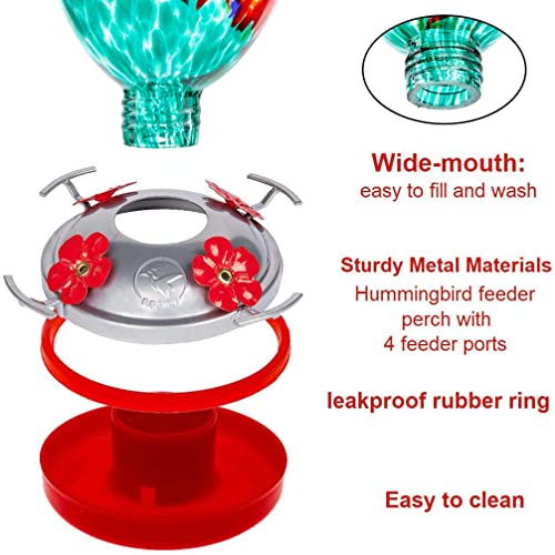 REZIPO Hummingbird Feeder with Perch - Hand Blown Glass - 38 Fluid Ounces Hummingbird Nectar Capacity Include Hanging Wires and Moat Hook (Red-Green) - color: Red-green