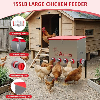 Automatic Chicken Feeder Box, 100lb Capacity, 10 No-Waste Ports, Metal Poultry Feeder with Covered Lid & Elevated Stand, Feed Dispenser for Chickens, Ducks & Backyard - size: 100 LB
