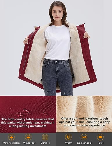 ROYAL MATRIX Women's Winter Coats Fleece Lined Parka Jacket Hooded Long Winter Warm Parka Coat with Pockets - color: Wine, size: 4