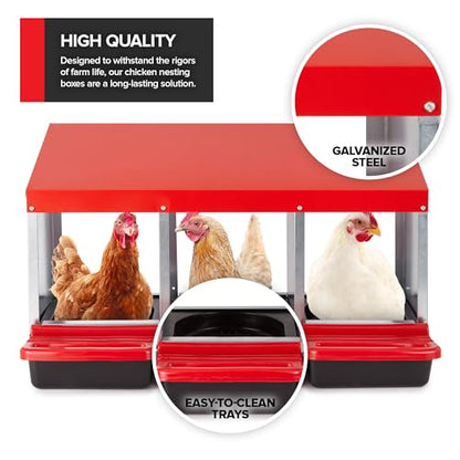 Chicken Nesting Boxes for Laying Eggs, 3-Compartment Roll-Away Nesting Boxes for Chickens Coop with Perch, Hens, Ducks & Other Poultry, Includes 3 Wooden Dummy Eggs