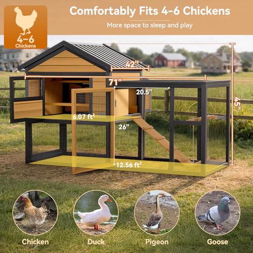 PETSFIT Wooden Chicken Coop with 71" Run for 4-6 Chickens, Predator-Proof Backyard Hen House with 6 Ground Anchors, 3 Nesting Boxes, 3 Perches & Chicken Swing, Waterproof PVC Roof, 3-Door Easy Clean