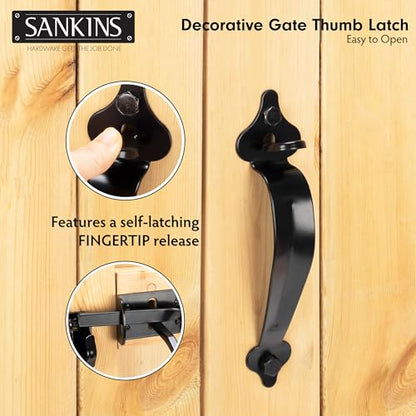 Thumb Gate Latch for Wooden Fence Heavy Duty, Thumb Latch Hardware with 9 inch Decorative Handle, Self Locking Thumb Latch for Swing Gate, Garden, Metal Gate, Vinyl Fence, Black