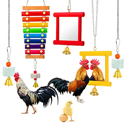 5-Piece Colorful Wooden Xylophone Chicken Coop Mirrors with Bells for Hens, Chicks & Parrots