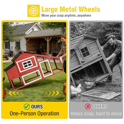 Aivituvin Mobile Chicken Coop with Wheels for 2-4 Chickens, Backyard Expandable Chicken House Duck Cage with Run, 2 Nesting Boxes, Easy Clean Pull-Out Tray, Leak-Resistant Asphalt Roof, 72.3"(Red) - color: Red, size: 72.3"L x 26.0"W x 39.4"H