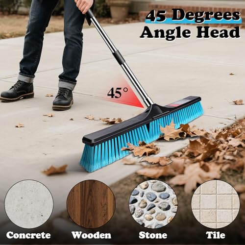 MASTERTOP 24" Heavy Duty Push Broom with Ultra-Sturdy Adjustable Handle, 6-Layer Stiff Bristles Garden Yard Broom, Outdoor Sweeping Brush for Garage, Patio, Driveway, Warehouse, Deck, Tile & Concrete - color: Push Broom Blue