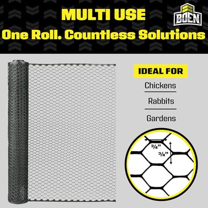 Boen Poultry hex Netting Plastic Temporary Barrier Chicken Wire Protection for Yard (3' x 25', Black)
