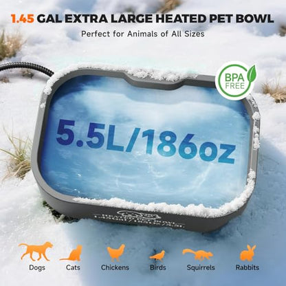 1.45 Gallon Extra-Large Heated Water Bowl for Dog&Cat,Outdoor Heated Dog Bowl with Anti-Chew Cord,Waterproof Heated Pet Bowl Provides Drinkable Water in Winter for Chickens,Squirrels,Rabbits,Grey