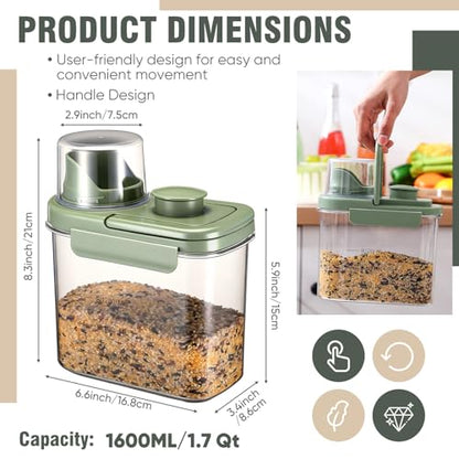 Maxdot 2 Pcs Bird Seed Storage Container 1.7 Qt/1.6 L with Tight Lids Airtight Cup Pet Food Storage Measuring Containers Lids with Pouring Spouts for Macaws African Grey Cockatoos(Green) - color: Green