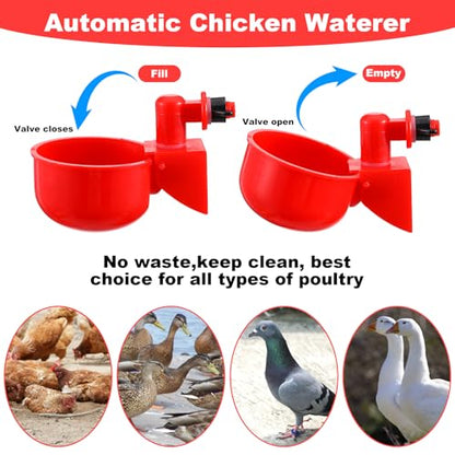 Automatic Chicken Waterer Cups, 24-Pack Poultry Drinker with Hole Saw, Gravity Fed Leak-Proof Water Feeder for Chickens, Ducks, Turkeys, Rabbits, Geese