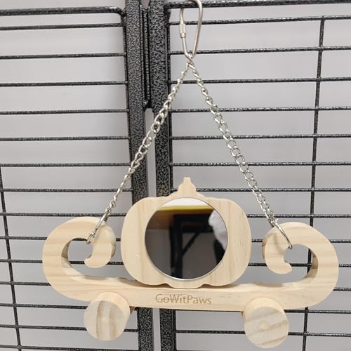 Pumpkin Carriage Mirror Toy for Small Birds, Natural Pine Wood, Dual-Sided Rotating Mirror, Rolling Wheels, 8.5x4.3 Inch