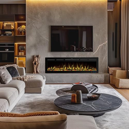 60" WiFi Electric Fireplace Inserts, Recessed and Wall Mounted Fireplace Heater W/Adjustable Flame Color & Brightness, Thermostat, 9H Timer, App and Remote Control, Low Noise, 750/1500W - size: 60" WiFi