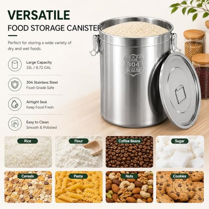 33L/8.72gal Stainless Steel Airtight Canister, Food Storage Canisters with Airtight Lid&Locking Clamp, Rice Cereal Grain Canisters Container, Storager Bucket for Flour, Coffee Bean, Sugar, Cookie - color: 33L