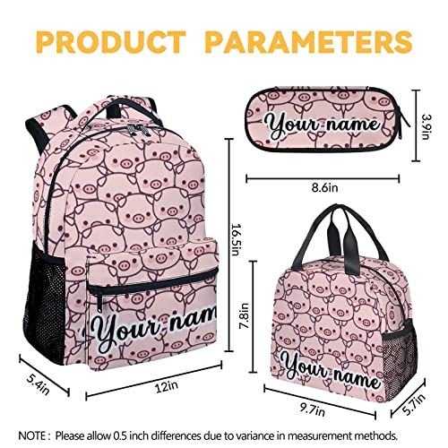 Personalized Pig Backpack with Lunch Box and Pencil Case, 16 Inch Cute Pig Bookbag Durable, Lightweight, Large Capacity, Funny Animal Backpack for School Girls Kids Women - color: Style-1-3