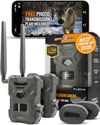 SPYPOINT Flex-M Twin Pack Cellular Trail Cameras - Best Hunting Accessories, No WiFi Needed, GPS, Night Vision, Dual-Sim LTE, IP65 Water-Resistant Game Camera, 28MP Photos, 720p Videos + Sound (2) - color: Camera Only, size: Pack of 2