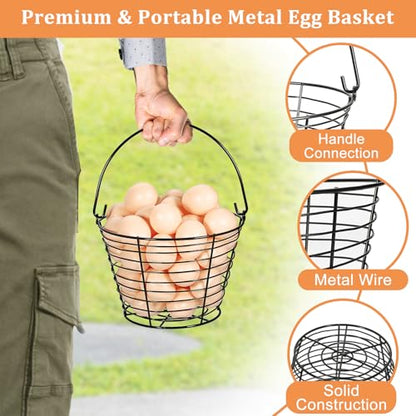 3 PCS 8" Black Round Wire Egg Baskets With Handle, Small Metal Egg Collecting Basket for Gathering Fresh Eggs, Chicken and Duck Eggs Hunting Basket Egg Holder Countertop - style: Round-3 Pack
