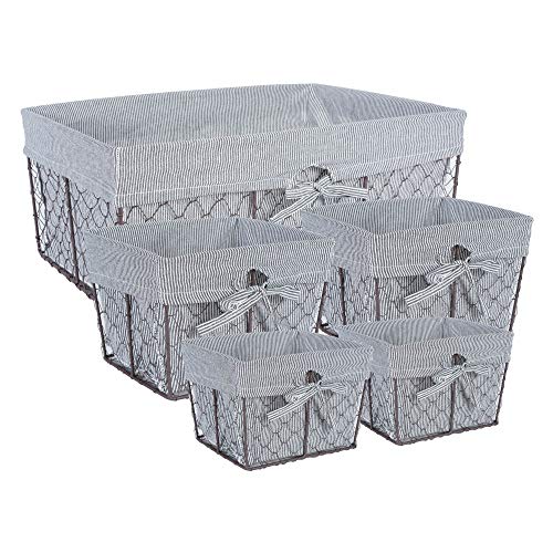 DII Farmhouse Chicken Wire Storage Baskets with Liner, Set of 5, Rustic Ticking Stripe, Assorted Sizes - color: Rustic Ticking Stripe