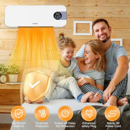 Wall Mounted Heater 1500W PTC Ceramic Electric Space Heater with Remote, LED Display, Adjustable Thermostat, Overheat Protection, Timer, Low Noise Heater for Bedroom, Office, Large Room Indoor Use