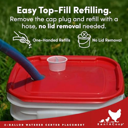 RentACoop 2 Gallon Chicken Waterer with 4 Auto-Fill Water Cups, 4 Horizontal Nipples, and Custom Adjustable Stand; BPA-Free; Large Capacity Poultry Waterer- Center Placement