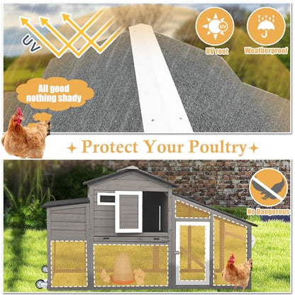Chicken Coop with Wheels, Weatherproof Outdoor Chicken Hen Houses with Run, 2 Story Wooden Poultry Coops Rabbit Hutch for 2-3 Chickens Bunny with Leakproof Tray, Nesting Boxes, Ramp - color: 79" L Gray