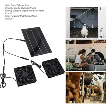 Pissente 10W Solar Panel Fan Kit Monocrystalline Silicon Dual Exhaust Fan 12V Wall Mounted for Chicken Coops Greenhouses