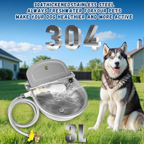 Automatic Dog Waterer Outdoor, 304 Steel Auto Fill Bowl for Livestock | No Electricity Needed, Bottom Drain Plug, Includes Spare Float Valve, Rust-Resistant & Easy Clean