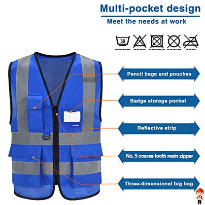 A-SAFETY XSmall Blue Safety Vest Reflective Work Vest,Hi Vis vest 7 Pockets, X-Small - color: Blue, size: X-Small