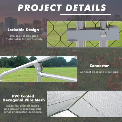 LEMBERI Metal Chicken Coop Spire Roof Walk in Chicken Run Pen for 6 Chickens, Galvanized Rabbits Duck Poultry Cage with Waterproof Cover for Outdoor,Backyard and Farm - size: 78.0"L x 118.1"W x 76.8"H