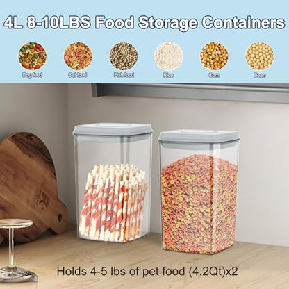 LEAWALK 4.2Qt 2Pack Airtight Dog Cat Food Storage Container and Dog Treat Containers BPA-Free, PET Clear Stackable Pet Storage Bin, 1 Cup Scoop, 1 Sponge cleaning brush, Pop Top, With handle (Grey) - color: Grey（4.2Qt-2Pack)