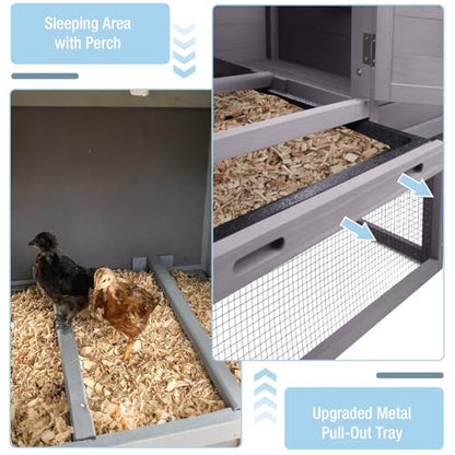 Mobile Chicken Coop with Wheels, Large Wooden Hen House with Run, Chicken Tractor with Waterproof Roof, Nesting Box & Pull-Out Tray, Outdoor Poultry Cage for Backyard Chickens/Rabbits (Grey) - color: Grey