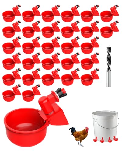 Professional Chicken Waterer Cups, 30 Packs Large Automatic Poultry Water Feeder with Tee Fittings - Leakproof Design for Ducks, Chickens, Geese, Turkeys, Birds - Includes Mounting Hole Opener Tool