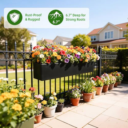 2 Pack Metal Railing Planter Box, 30 Inch Balcony Planters with Adjustable Brackets, Large Hanging Planters for Outdoor Fence Deck - color: Black 2pcs