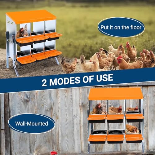 Chicken Nesting Box, 6 Hole 2 Layer Hen Nest Boxes, Roll-Away Egg Collection System with Ventilation Holes，Rustproof Plastic Tray & Keyhole Mounting, Chicken Laying Box - color: Orange, size: 6 holes with legs