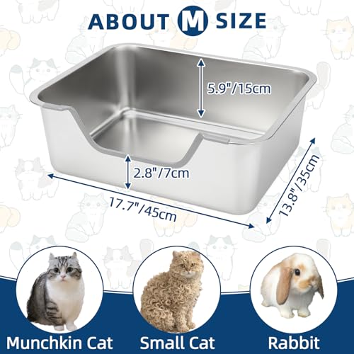 FHTONGE Low Entry Stainless Steel Cat Litter Box, Splash-Proof Hight Wall Metal Kitty Litter Box Kitten Toilet for Senior Arthritis Surgery Injured Disabled Munchkin Smaller Ppregnant Cat, 17.7x13.8 - size: 17.7x13.8"(45x35cm) for Small Cat
