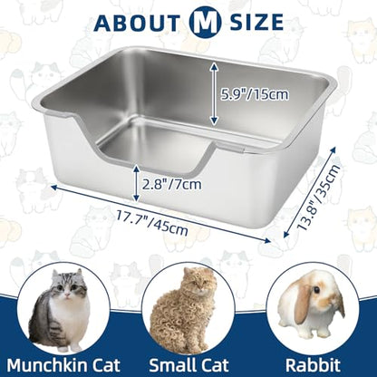 FHTONGE Low Entry Stainless Steel Cat Litter Box, Splash-Proof Hight Wall Metal Kitty Litter Box Kitten Toilet for Senior Arthritis Surgery Injured Disabled Munchkin Smaller Ppregnant Cat, 17.7x13.8 - size: 17.7x13.8"(45x35cm) for Small Cat