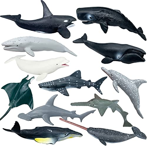 Sharks Figures Sea Animals Whale Toys Set Ocean Animal Action Figures, Great for Kids Bath Toys, Beach Toy, Cake Topper and Party Favors, Gifts, Prizes, Rewards (12 PCS) - color: Sharks