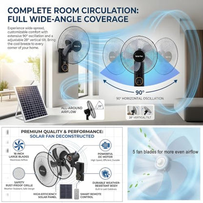 16" Wall Mounted Fans, Solar Barn Fan for Chicken Coop and Greenhouse, Zero Electricity, Solar Powered Fans for Outside, Solar Panel, Power Adapter,16ft Extension Cable AC/Solar Dual Power(1pc) - size: 1pc