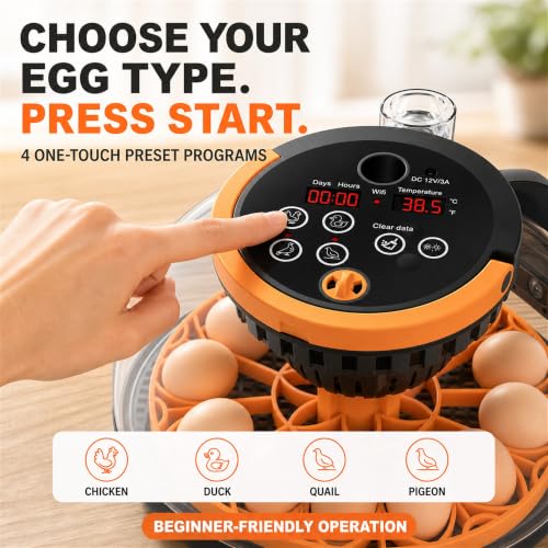 12-Egg Smart WiFi Egg Incubator with 1080p HD Camera, App Control, Auto Turner, Built-in Candler, Temp & Humidity Control, 360° View for Chicken Duck Quail, STEM Toy, 8GB SD Card Included