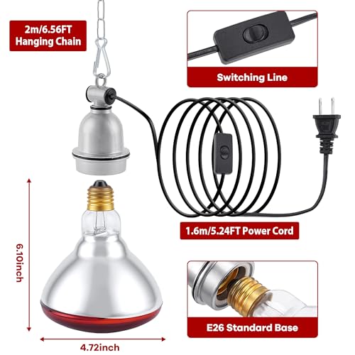 Heat Lamp Bulb for Chickens, Red Heat Lamp Infrared Light Bulb with Power Cord Hanging Chain for Chicks