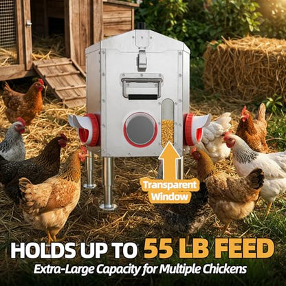 Large Automatic Chicken Feeder, 55 lb Capacity, 8 Feeding Ports, Upgraded Stainless Steel Poultry Feeder, No-Waste Design, Adjustable Legs & Lockable Lid for Coop, Ducks & Turkeys