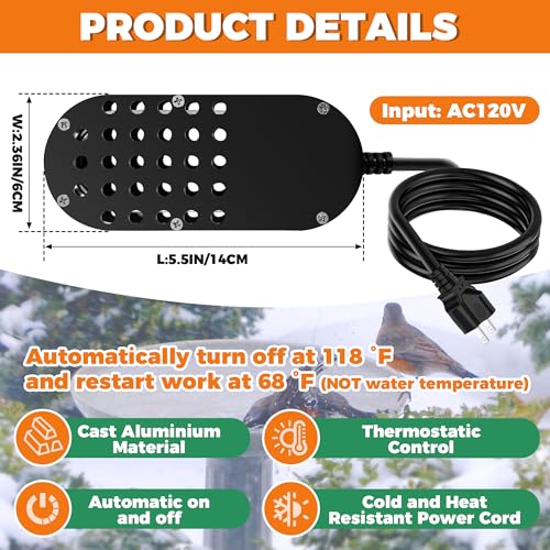 Chicken Waterer Heater, 250W Submersible Poultry Waterer Heater Bird Bath Heater, Thermostatic Control Chicken Waterer Deicer Ice Melter for Bird Duck Goose Cow to Drink Warm Water
