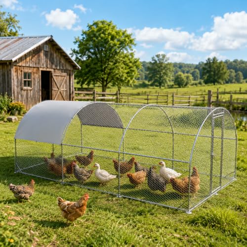 EUNHOO Large Walk-in Chicken Run, Dome Roof Metal Chicken Coop with Waterproof UV Cover, Outdoor Poultry Enclosure for Yard, Backyard Farm Pen for Chickens, Ducks and Rabbits, 19.6'L x 9'W x 6.5'H - color: Dome Roof, size: 236.3"L x 118.0"W x 78.0"H