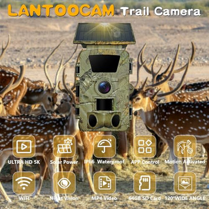 Solar Trail Camera WiFi Bluetooth - 5K 60MP Game Camera with 5200mAh Battery, Rechargeable Trail Cam with 64GB SD Card, Wildlife Cameras Deer Cams for Outdoor Backyard