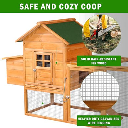 80" Large Chicken Coop, Waterproof Outdoor Hen House for 2-4 Chickens, Wooden Chicken House with Nesting Box, Removable Tray, PVC Cover, Run, for Garden Backyard Cage - size: 80.8"L