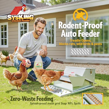 Heavy Duty Automatic Chicken Feeder - Metal Chicken Feeders Treadle Operated, Spill Proof Poultry Feeder with Rat Proof Design & Weatherproof Lid | Sturdy Galvanized Steel (25 lb Capacity)
