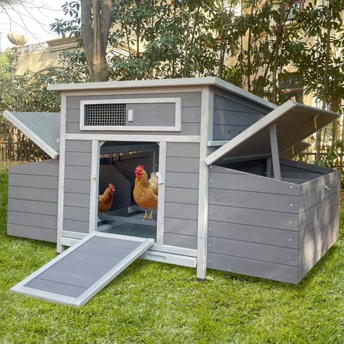 Chicken Coop, 58" Wooden Chicken Coop with 2 Sides Large Nesting Boxes for 4-6 Chickens, Poultry Hutch Rabbit Cage with No-Slip Ramp & Pull-Out Tray for Outdoor Farm Yard (Dark Grey) - color: Dark Grey