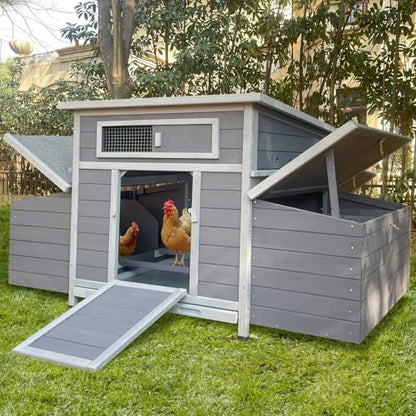 Chicken Coop, 58" Wooden Chicken Coop with 2 Sides Large Nesting Boxes for 4-6 Chickens, Poultry Hutch Rabbit Cage with No-Slip Ramp & Pull-Out Tray for Outdoor Farm Yard (Dark Grey) - color: Dark Grey