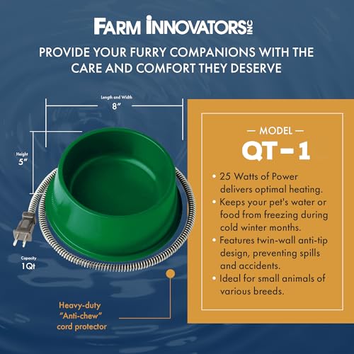 Farm Innovators QT-1 1 Quart Electric Heated Pet Water Bowl with Thermostatic Control and Anti Chew Cord Protector, 25 Watt, Green (2 Pack) - size: 1 Qt