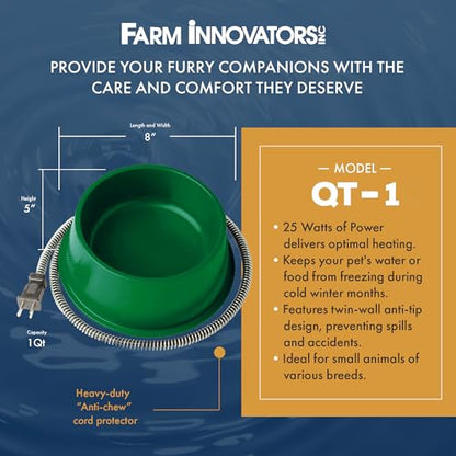Farm Innovators QT-1 1 Quart Electric Heated Pet Water Bowl with Thermostatic Control and Anti Chew Cord Protector, 25 Watt, Green (2 Pack) - size: 1 Qt