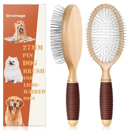 Dog Brush for Long Haired Dogs, 27mm Extra Long Pin Brush for Grooming, Shedding - Beech Wood Material, Non-Slip Rubber Handle, Round-Tipped Pins - color: Long Pin for Long Haired
